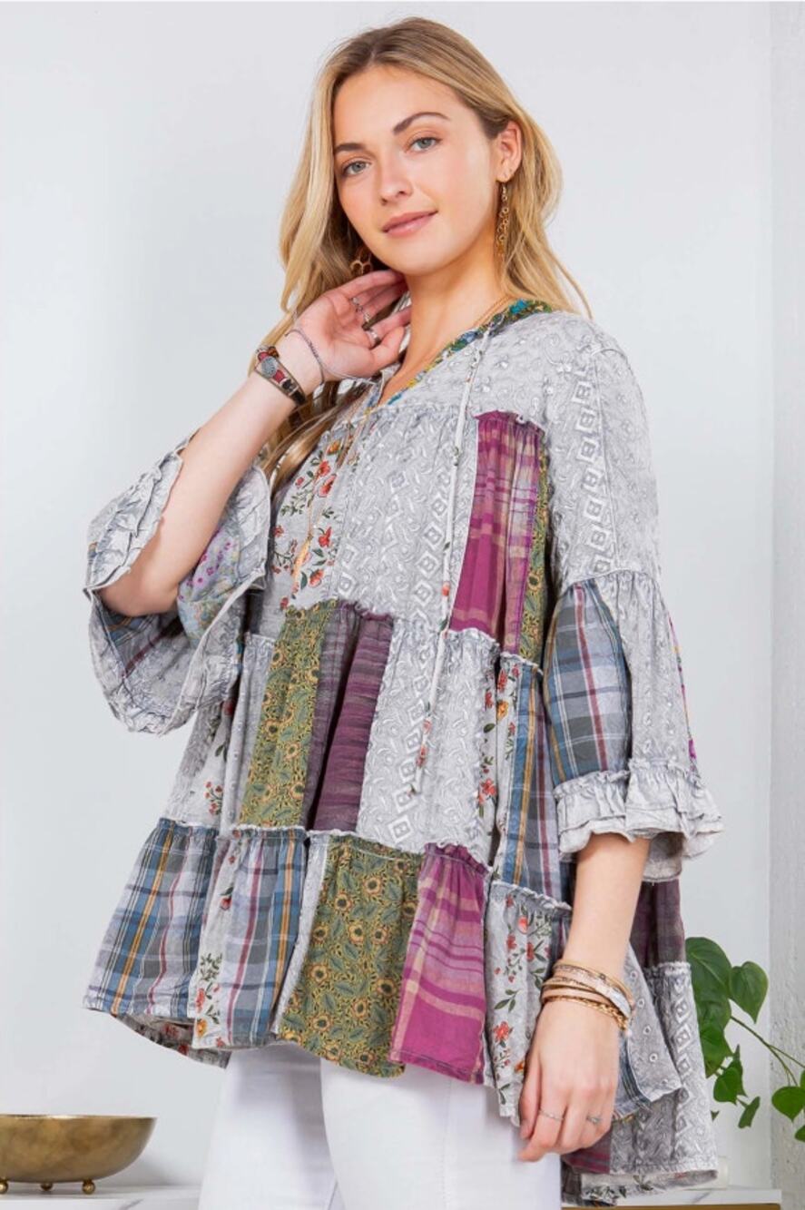 Young Threads Grey Floral Patchwork Bell Sleeve Tunic XL - Floral Cottage